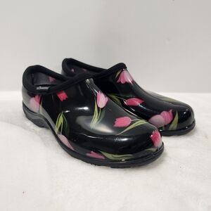 Sloggers Black Tulip Print Waterproof Garden Farm Mule Slip Ons Womens Size 7